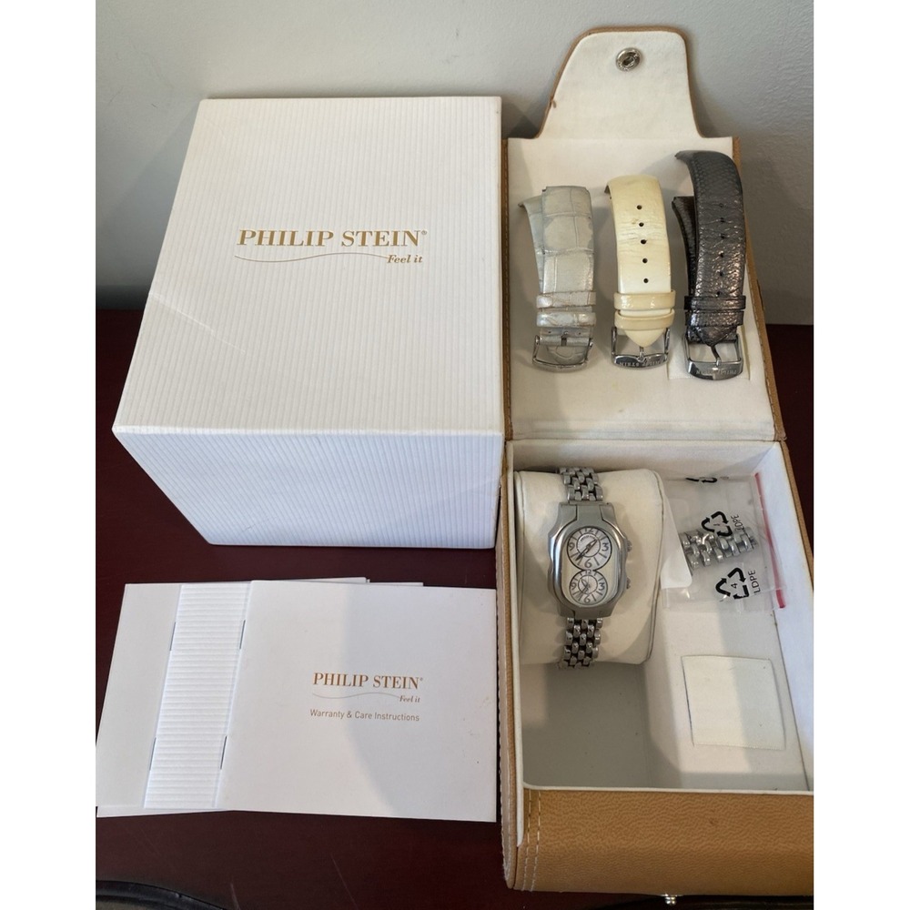 Philip Stein Signature MFT Ladies Stainless Dual Time Watch 7" New Batteries